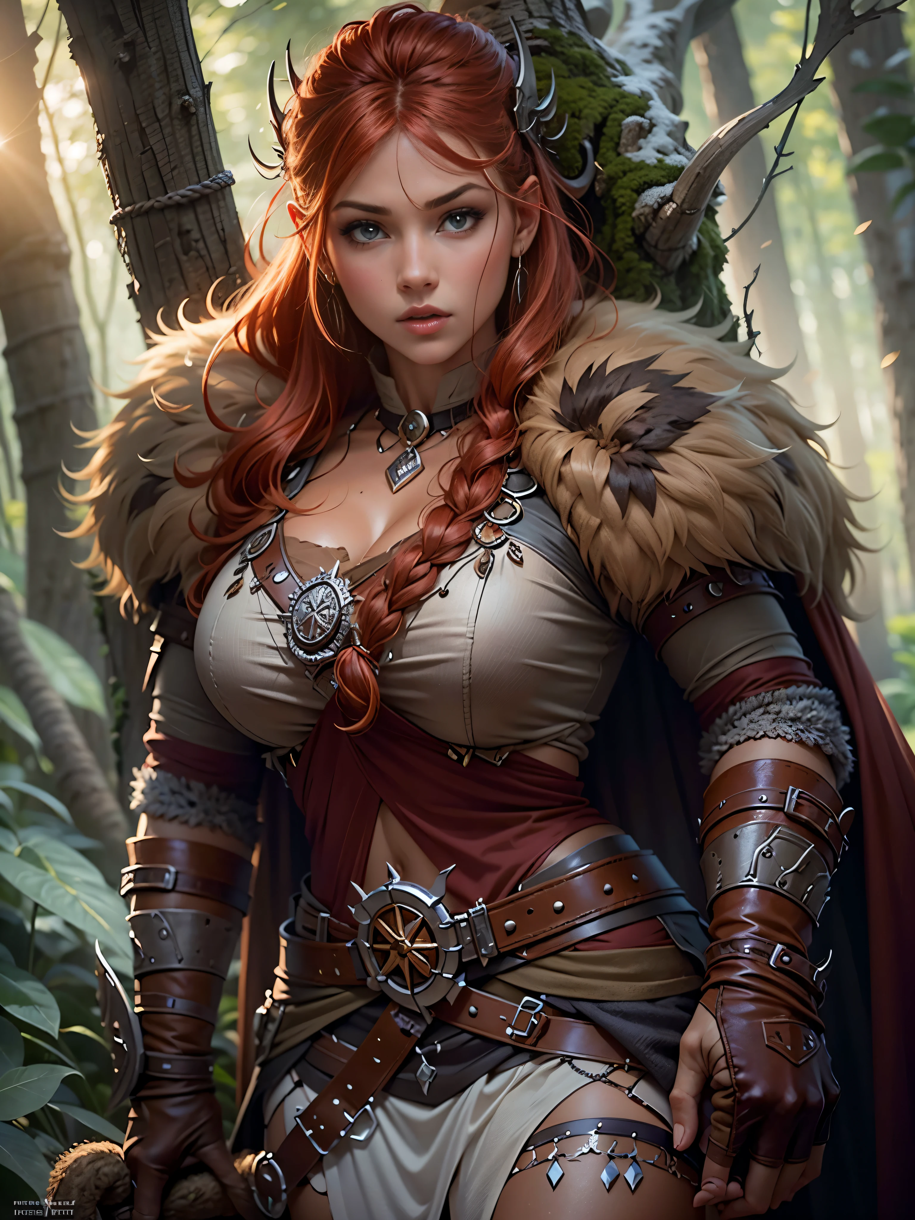 Masterpiece, best quality, brilliant details, cinematic lighting, exciting perspective, young pretty woman, beautiful face, perfect eyes, big firm breasts, perfect proportions, norse type, cameltoe, cinematic pose, red hair, viking warrior, nordic forest