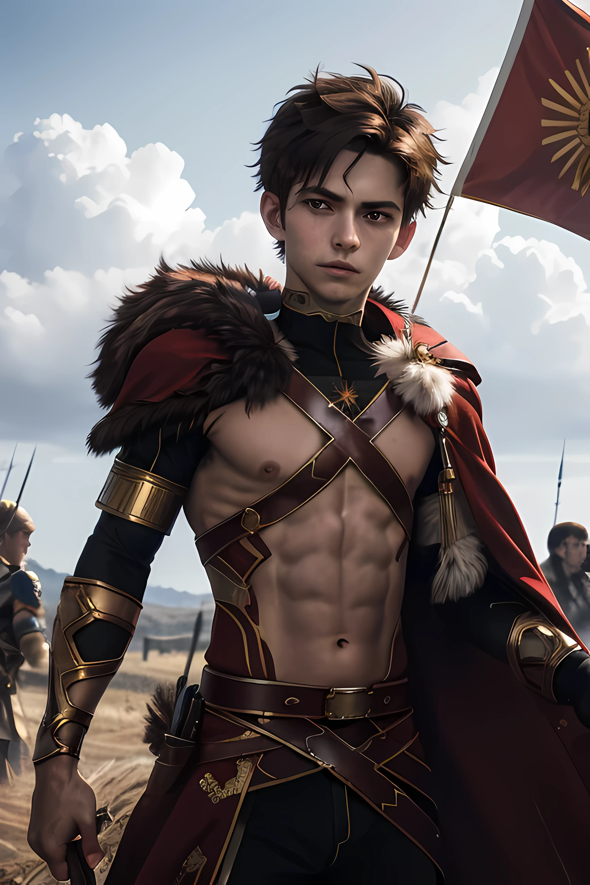 Alexander Fugo, 1 boy, masterpiece, best quality, actual, 14 year old Macedonian boy, Very, very handsome, perfect face, cute face, fur-trimmed cape, crop top, struggle, looking at the audience, battlefield, soft light, Front view, Professional photography, Exquisite details, high resolution, 8K Ultra HD,