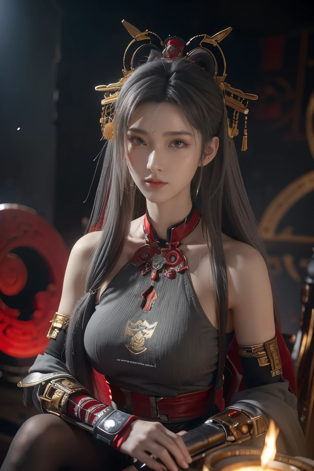 傑作,ゲームアート,最高の画質,最高解像度,8K,(肖像画),Unreal Engine 5のレンダリング作業,(デジタル写真),((肖像画 Feature:1.5)),
20歳の少女,ショートヘアの詳細,長い前髪,(赤いアイメイクはとても丁寧です),(長い白髪の:1.4),(大きい, 豊かな胸),エレガントで高貴,勇敢で魅力的,
(古代中国の鎧の特徴と融合した未来の鎧,中空デザイン,パワーアーマー,神秘的な東洋のルーン文字,繊細なドレスのパターン,魔法の閃き),未来の戦士,サイバーパンクのフィギュア,戦争の背景,
映画照明，レイトレーシング，ゲームCG，((3D アンリアル エンジン))，OCレンダリング反射パターン