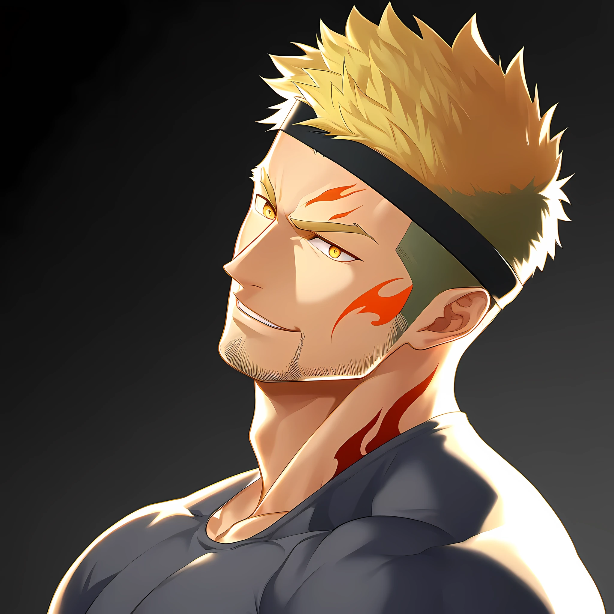 anime characters：Guy, Priapus, 1 young muscular man, male focus, Flame tattoo, Sporty black headband, Dark gray spandex tight T-shirt, muscular male, muscular, only, Upper body, alone, short yellow hair, stubble, yellow eyes, black background, simple background, amazing quality, best aesthetics, Ridiculous, bright pupils, short hair, naughty face, torogao, open lips, best quality