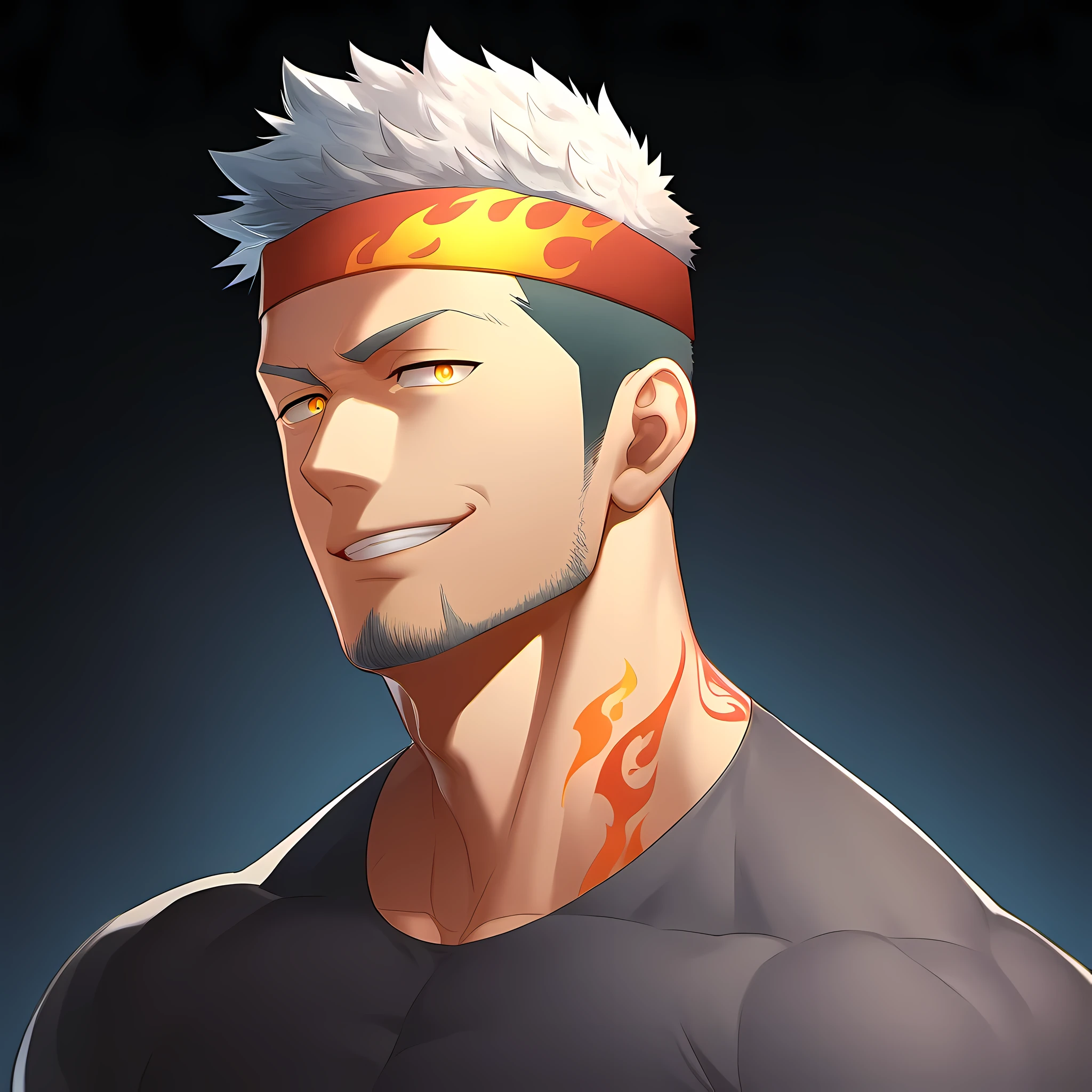 personajes de anime：chico, Príapo, 1 joven musculoso, enfoque masculino, tatuaje de llama, Diadema deportiva negra, Camiseta ajustada de spandex gris oscuro, muscular male, muscular, solo, Parte superior del cuerpo, alone, white cabello corto, rastrojo, Ojos amarillos, Fondo negro, fondo sencillo, calidad increíble, Mejor estetica, Ridículo, pupilas brillantes, cabello corto, Cara traviesa, torogao, labios abiertos, mejor calidad