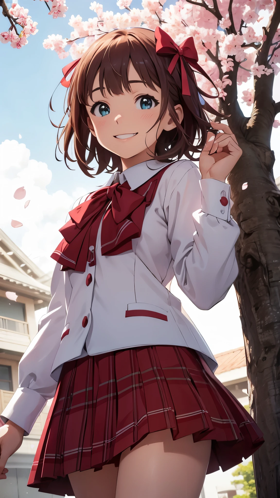 CG, unity, 8k, wallpaper, highest quality, masterpiece, haruka amami, (smile: 1.2), fold your hands and bring them in front of your chest, , best lighting, complex pupils, complex textile, detailed background, school uniform, long sleeve, Small symmetrical ribbons on each side of the head, BREAK, under the cherry tree, Cherry blossom petals are dancing around, (view from below: 1.1)