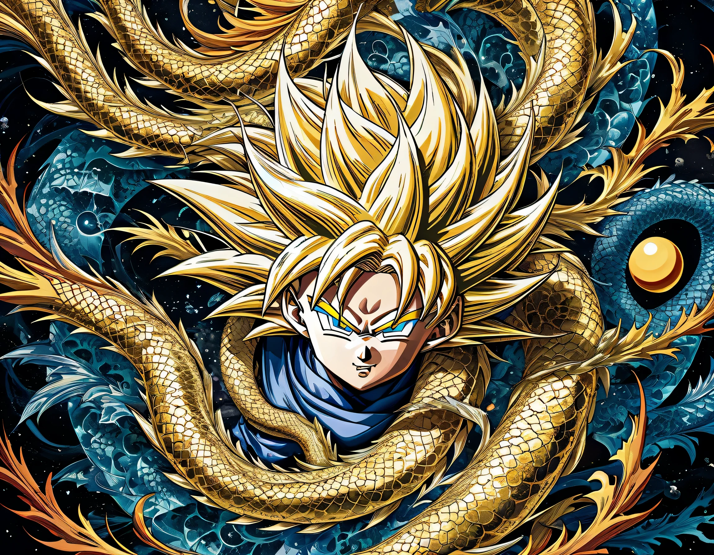 fractal art like of Japanese-anime-dragon-ball illustration extremely detail, Super Saiyan, gold hair, double exposure, entangle, strong power with floating 7-DRAGON-BALL, oil painting, high quality, tonal contrast, Akira Toriyama anime inspired, hope and grant my wish.  elaborate grunge, intricate detail, highly elaborate draw, dramatic illustration,