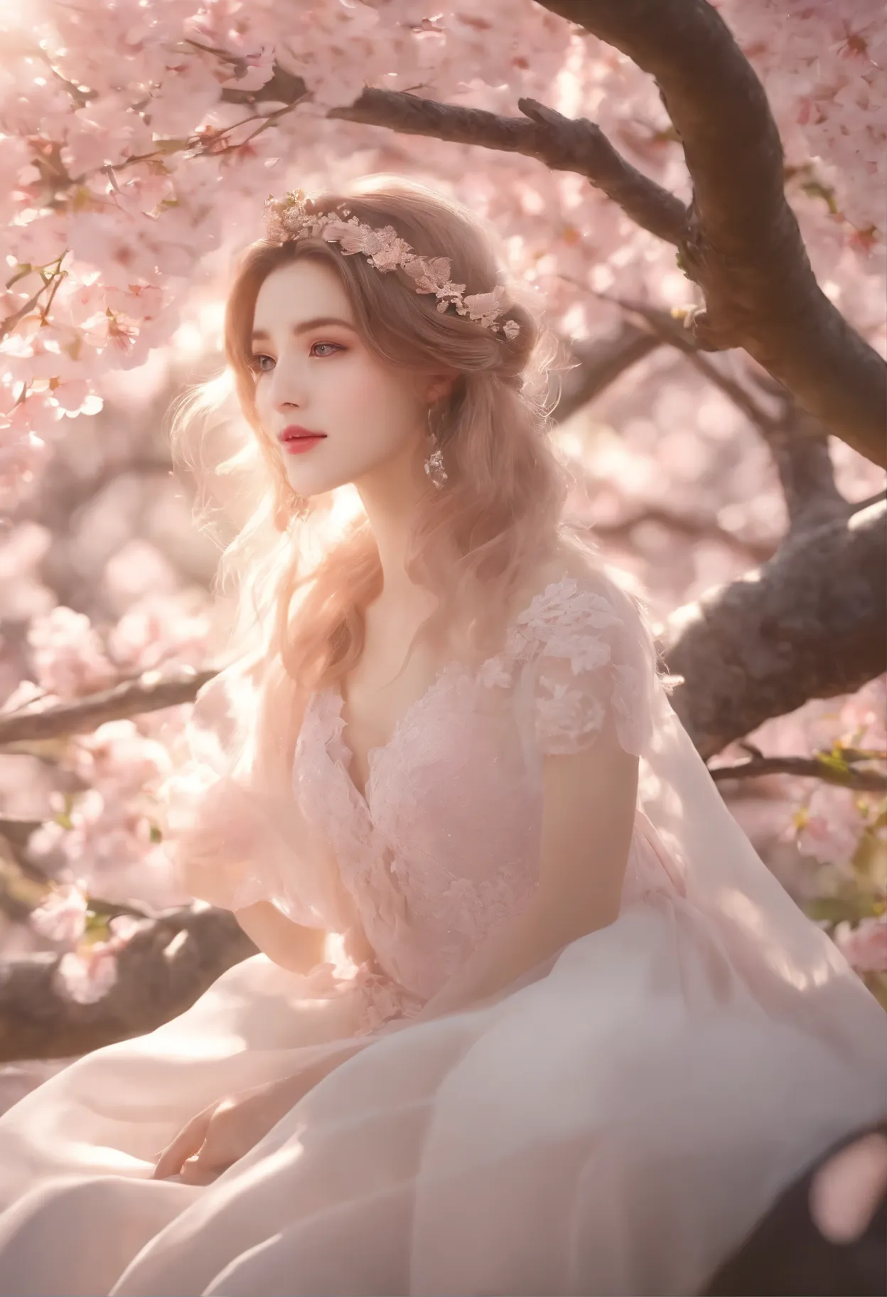 (best quality,4k,8k,highres,masterpiece:1.2),ultra-detailed,(realistic,photorealistic,photo-realistic:1.37),anime,libra,pink,black,beautiful,hair,cute,stunning,gnarled cherry blossom tree,tranquil garden,soft sunlight filtering through leaves,fluttering ch...
