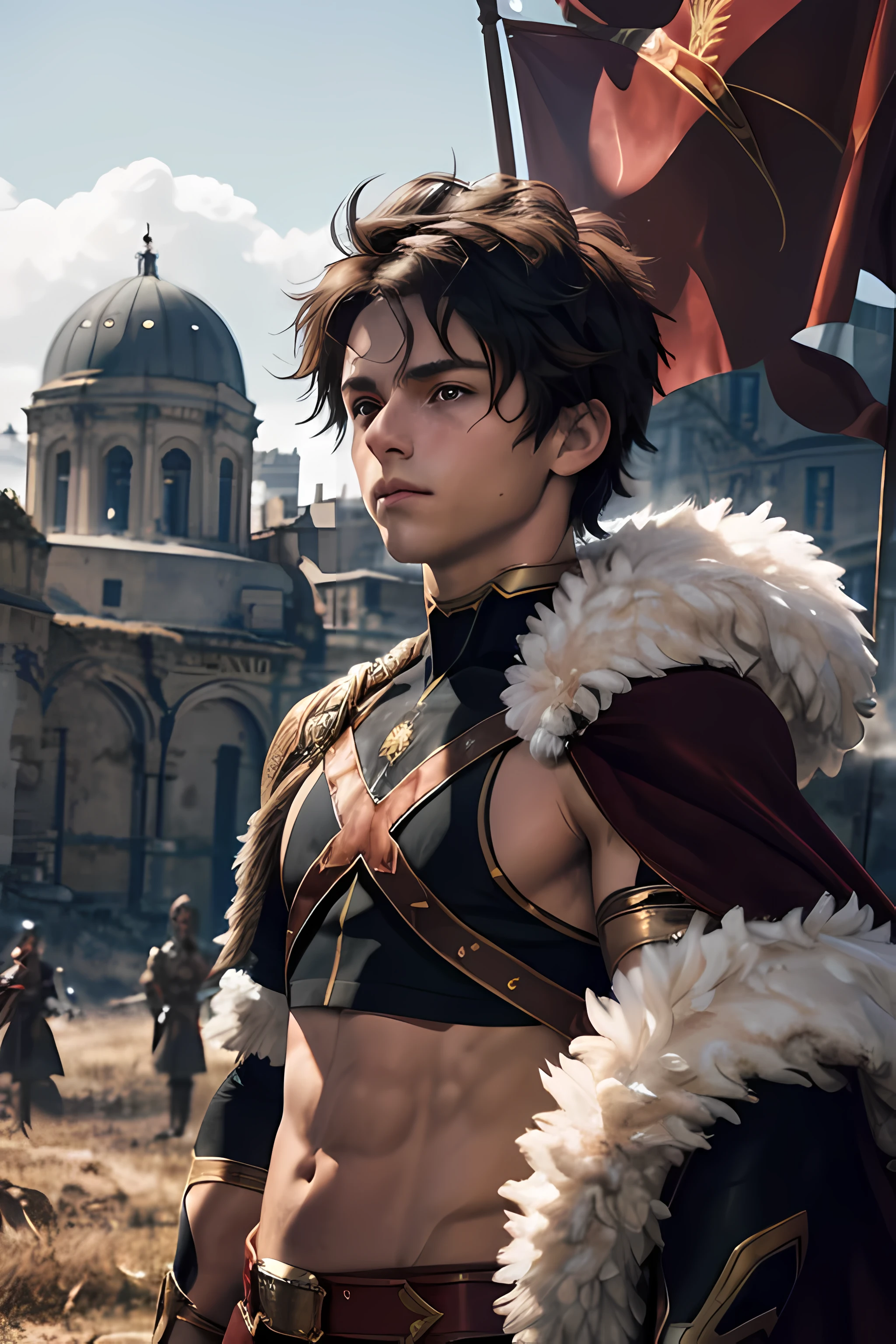 Alexander Fugo, 1 boy, masterpiece, best quality, actual, 14 year old Macedonian boy, Very, very handsome, perfect face, cute face, fur-trimmed cape, crop top, struggle, looking at the audience, battlefield, soft light, Front view, Professional photography, Exquisite details, high resolution, 8K Ultra HD,