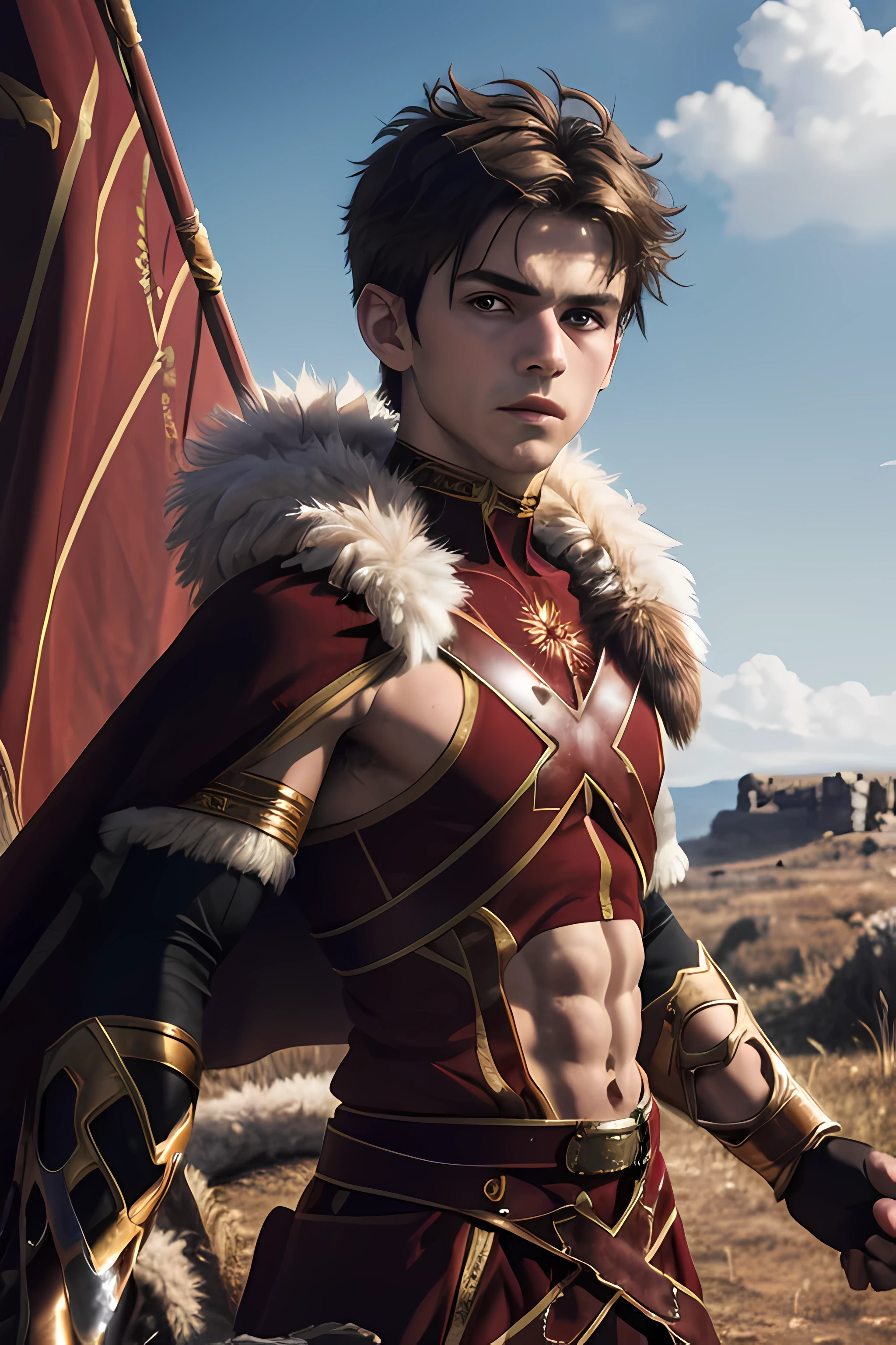 Alexander Fugo, 1 boy, masterpiece, best quality, actual, 14 year old Macedonian boy, Very, very handsome, perfect face, cute face, fur-trimmed cape, crop top, struggle, looking at the audience, battlefield, soft light, Front view, Professional photography, Exquisite details, high resolution, 8K Ultra HD,