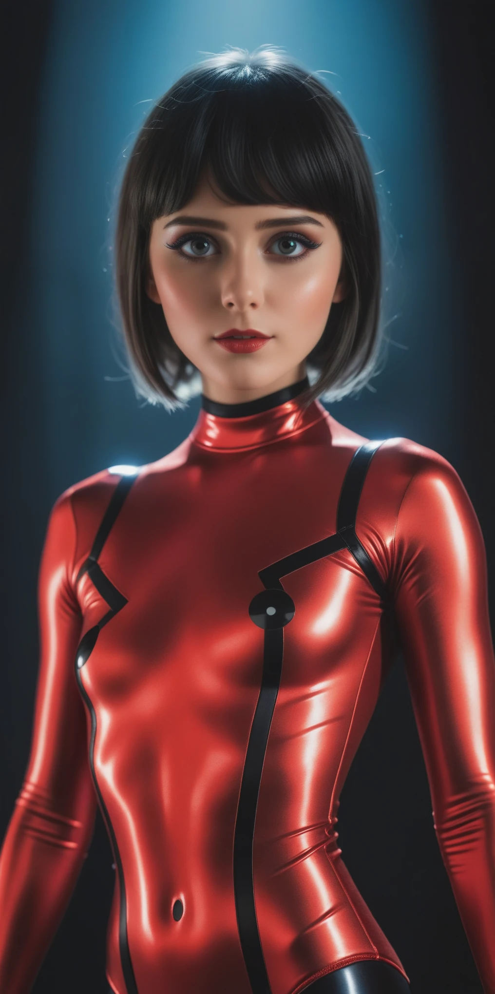 High detail RAW color, full body shot, Marinette Dupain-Cheng in (euphoria:1.0), dark makeup, (dramatic, mysterious, symmetrical background, lightshafts, dark:1.2), bokeh, shallow focus, f2, 85mm, (backlit:1.1), serious, moody, red ladybug chrome bodysuit, eos, skin_pores, 8k high definition, high detail eyes, highest quality, skin texture, masterpiece, best quality, 8k, cinematic lighting, (sharp focus:1.2), HDR, beauty, ultra-detailed, amazing,