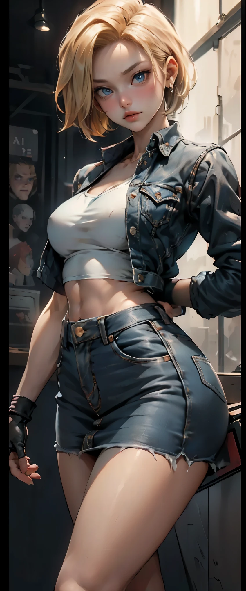 ((masterpiece, highest quality, Highest image quality, High resolution, photorealistic, Raw photo, 8K)), Woman with blonde short hair and black top, denim mini skirt, android 18, anime girl, (She is wearing a short skirt, a long-sleeved shirt, and a Slim Denim Vest), (very detailed figure), saiyan girl, beautiful portrait of android 18, casual pose, badass pose, Detailed skin, blue eyes, thighs visible, In Dynamic Pose, grim face, stand with one's legs spread apart, ((The screen says "Android 18" in large letters)),