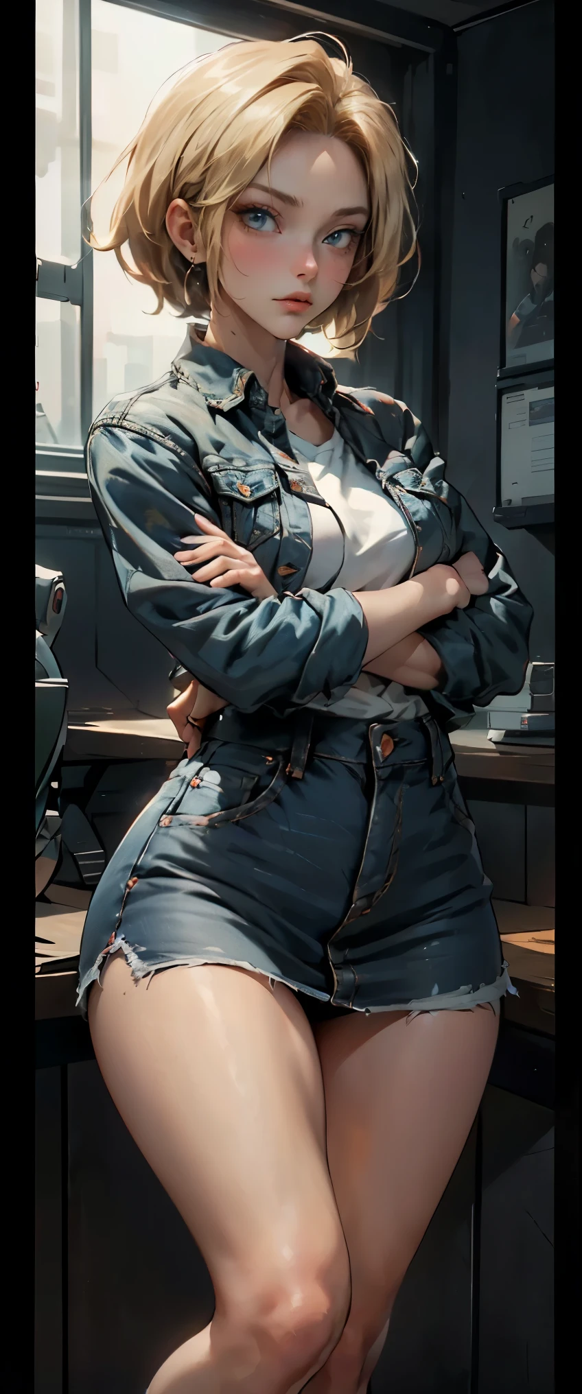 ((masterpiece, highest quality, Highest image quality, High resolution, photorealistic, Raw photo, 8K)), Woman with blonde short hair and black top, denim mini skirt, android 18, anime girl, (She is wearing a short skirt, a long-sleeved shirt, and a Slim Denim Vest), (very detailed figure), saiyan girl, beautiful portrait of android 18, casual pose, badass pose, Detailed skin, blue eyes, thighs visible, In Dynamic Pose, grim face, stand with one's legs spread apart, ((The screen says "Android 18" in large letters)),