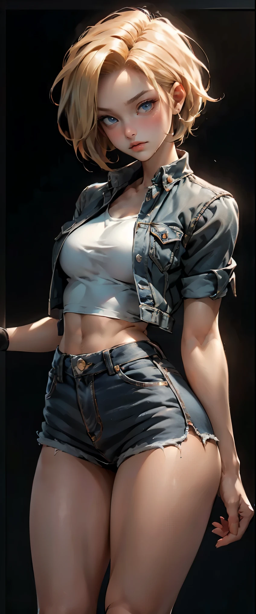 ((masterpiece, highest quality, Highest image quality, High resolution, photorealistic, Raw photo, 8K)), Woman with blonde short hair and black top, denim mini skirt, android 18, anime girl, (She is wearing a short skirt, a long-sleeved shirt, and a Slim Denim Vest), (very detailed figure), saiyan girl, beautiful portrait of android 18, casual pose, badass pose, Detailed skin, blue eyes, thighs visible, In Dynamic Pose, grim face, stand with one's legs spread apart, ((The screen says "Android 18" in large letters)),
