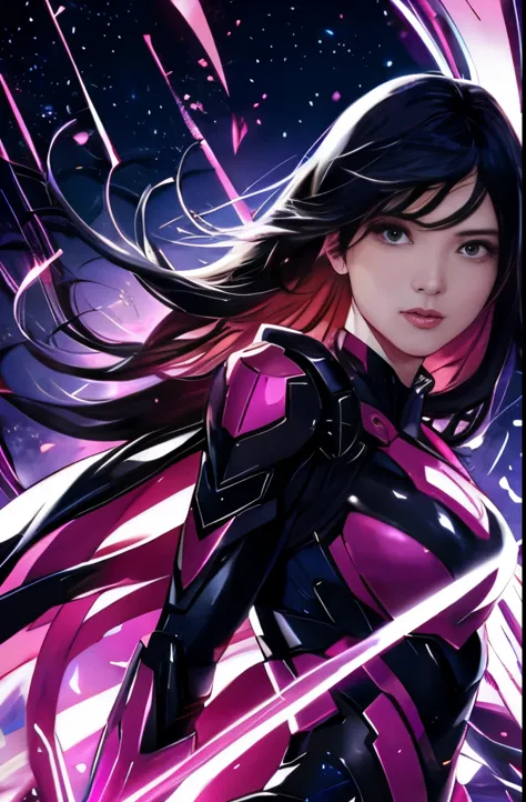 highest quality、special effects、superhero、black haired woman、pink mechanical hero suit、fighting pose、vibrant、the background is t...