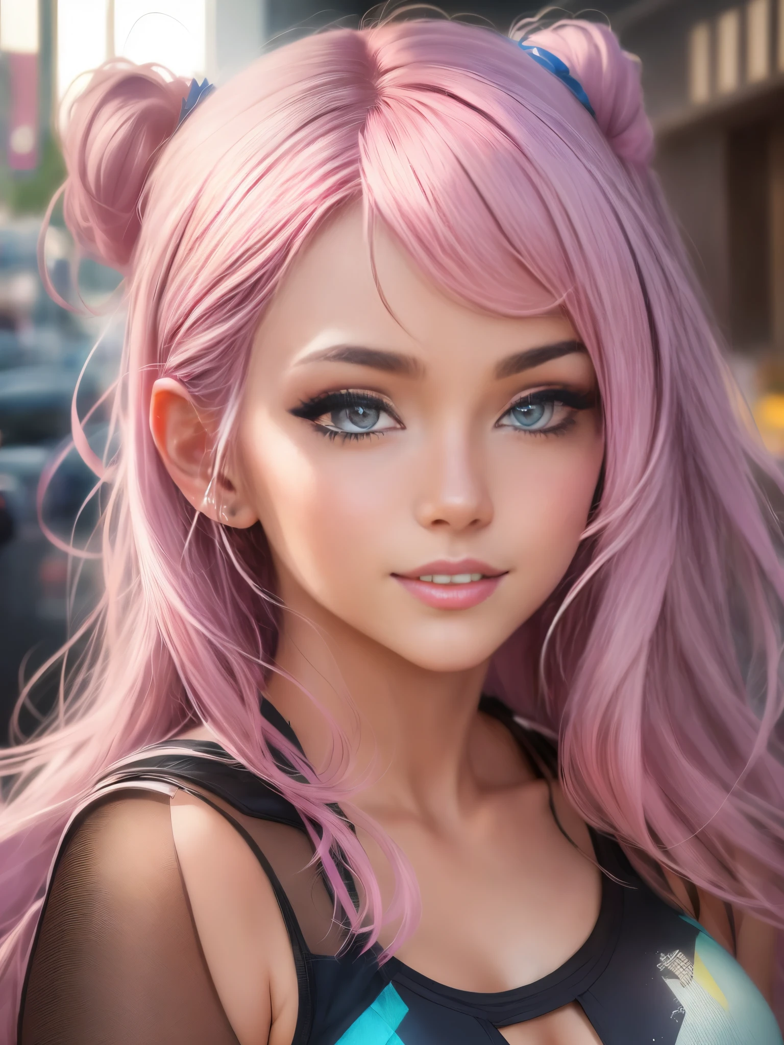 1girl, solo, looking at viewer, smile, makeup, sun, mid day, (realistic:1.2), (realism), (masterpiece:1.2), (best quality), (ultra detailed), (8k, 4k, intricate),(selfie:1), (32mm),light particles, lighting, (highly detailed:1.2),(detailed face:1.2), (gradients), sfw, colorful,(detailed eyes:1.2)(detailed background),detailed, (dynamic angle:1.2), (dynamic pose:1.2), (rule of third_composition:1.3), (Line of action:1.2). Low cut tanktop, pink hair, smile, beautiful face, cute, anime
