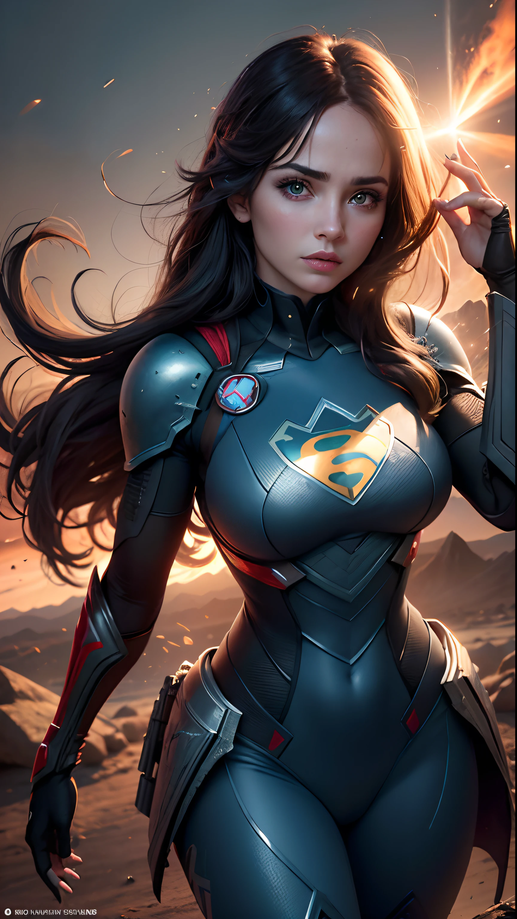 ((Best Quality)), ((Masterpiece)), (detailed: 1.4), ..3D, an image of a beautiful blue eyed woman wearing superman costume with thick hair big shot breasts and big voluminous tail, light particles, Pure energy, chaos, antitech, HDR (High Dymanic Range), ray tracing ,NVIDIA RTX, Super-Resolution