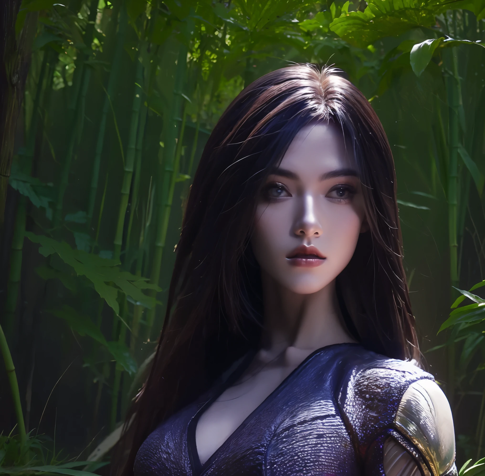 lifelike, high resolution, League of Legends，kasa,high resolution,Original picture，rich background，game design，Filter light and shadow art，Texture，wallpaper，Character details HD，model effect。background forest，Battle wind，Realism，particles，bamboo forest。