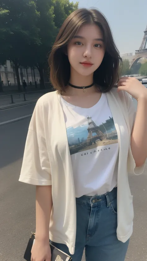 top-quality、​masterpiece、超A high resolution、(realisitic:1.4)、Beautiful Women１、Beautiful detail eyes and skin、smile、Light brown middle-cut hair, She is Wearing a long t-shirt,  gorgeous chinese model, photo of slim girl model, IG-Modell, beautiful female mo...