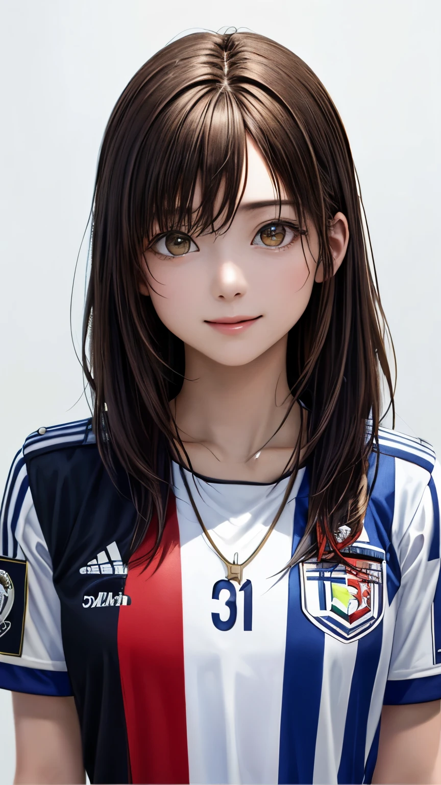 (highest quality、8k、32K、masterpiece)、(realistic)、(Photoreal:1.2)、(High resolution)、Super detailed、very beautiful face and eyes、1 girl、round and small face、thin waist、delicate body、(close、highest quality、high detail、rich skin details)、(highest quality、8k、oil paint:1.2)、Super detailed、(realistic、realistic:1.37)、bright colors、(((brown hair)))、(((bust shot)))、(((medium hair)))、(((pure white wall background)))、(((pure white wall background)))、(((White and gray stripes々wear the uniform of)))、(((laughing)))、(((Wearing a uniform with horizontal stripes)))、(((look straight ahead)))、(((brown hair)))、(((wearing a heart necklace)))、(((She is wearing a white and gray striped uniform.)))、(((her hair is tied up with a yellow ribbon)))、(((It&#39;s a soccer uniform)))