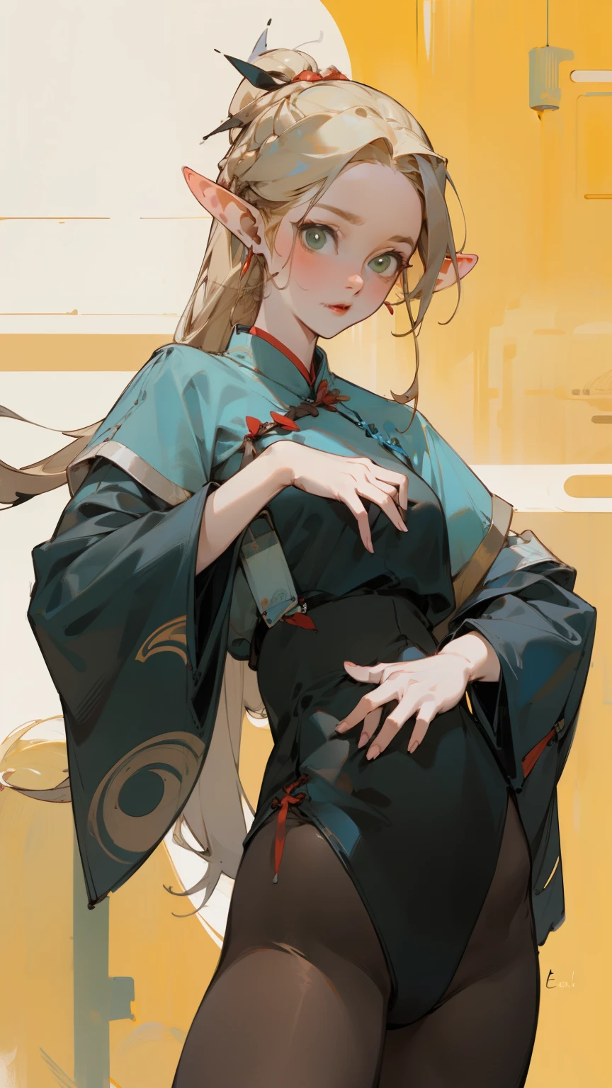 (masterpiece, best quality) detailed, Wearing black tights, silver accessories ,blonde ,elegant, pointed ears，cheongsam，Hanfu，Big ，edgBunny，bunny girl