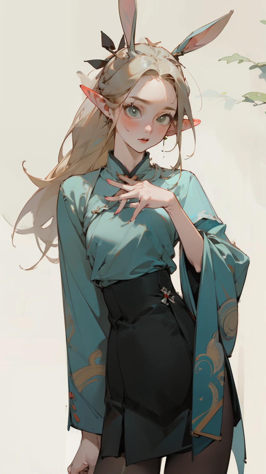 (Obra de arte, melhor qualidade) detalhado, Usando meia-calça preta, Acessórios prateados ,loiro ,elegante, orelhas pontudas，cheongsam，hanfu，grande ，edgBunny，coelhinha