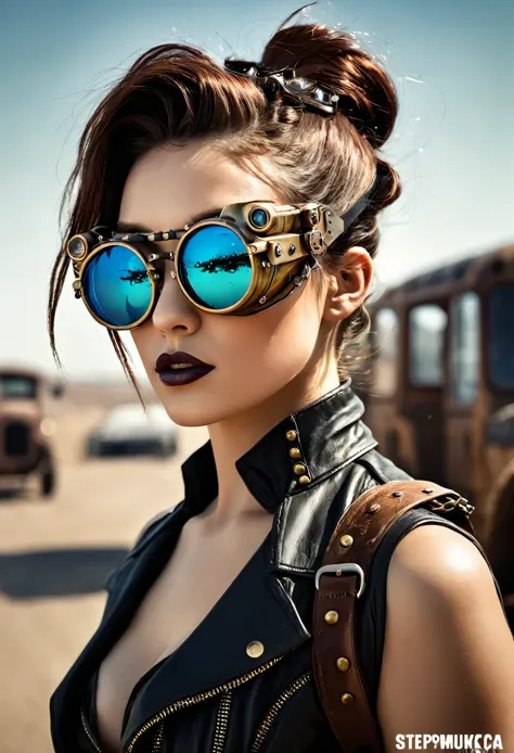 ambiente steampunk, dramatic art, estilo de arte dieselpunk, apocalyptic road warrior vibe, a girl wearing beautiful mirrored su...