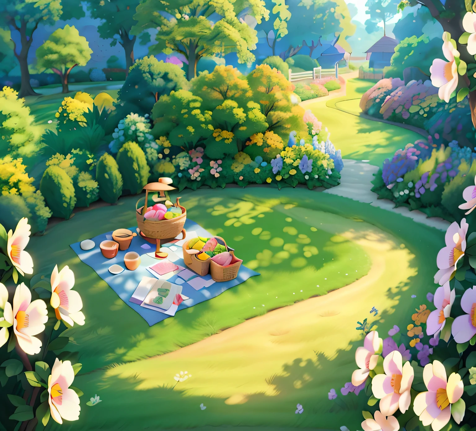 painting of a picnic in a garden with flowers and a basket of bread, sunny park background, background art, park background, anime background art, summer afternoon, background artwork, colorful anime movie background, garden background, anime background, sunny afternoon, amazing wallpaper, anime countryside landscape, relaxing concept art, beautiful wallpaper, cozy cafe background, forest picnic