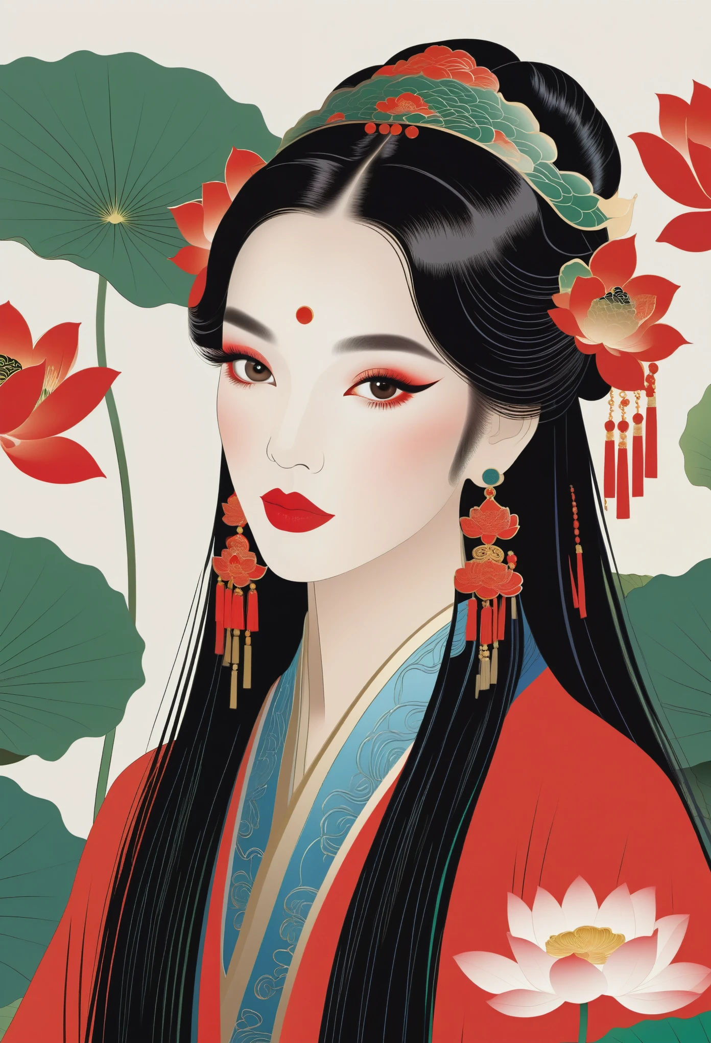 Vector，Chinese meticulous painting，Draw a beautiful girl，long black hair，exquisite makeup，red eye shadow，red lips，1 lotus leaf，clean background，smooth lines，Lines outline hair，Soft and elegant colors