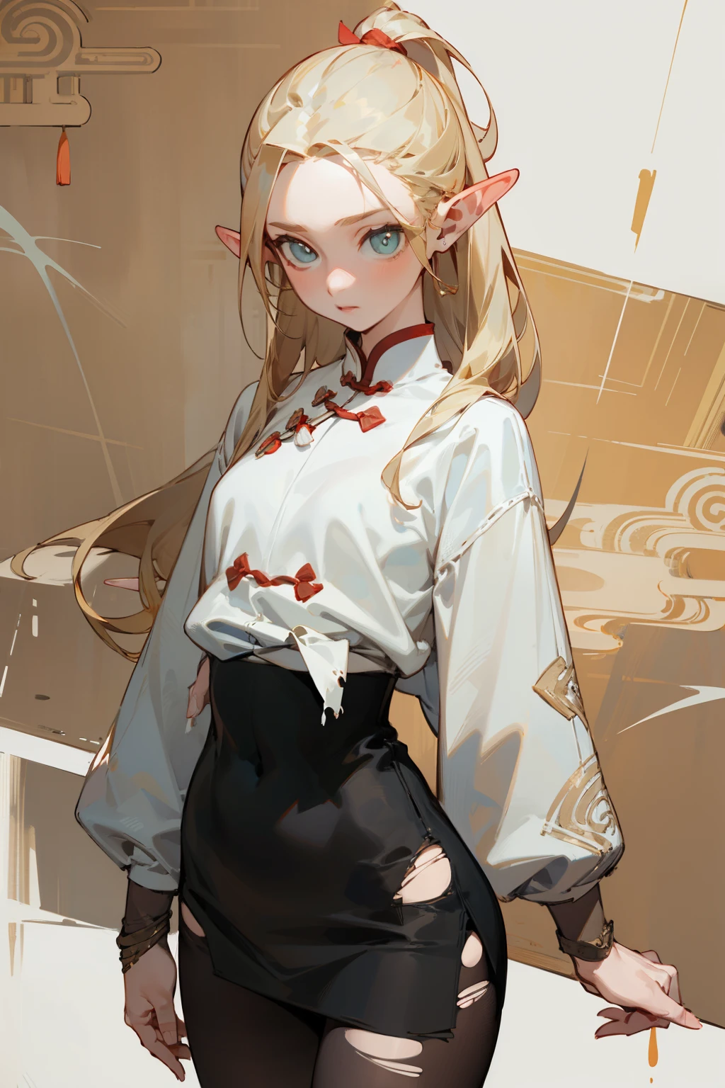 (masterpiece, best quality) detailed, Wearing black tights, silver accessories , blonde ,elegant, pointed ears ，Chinese element pattern，white shirt，torn clothes