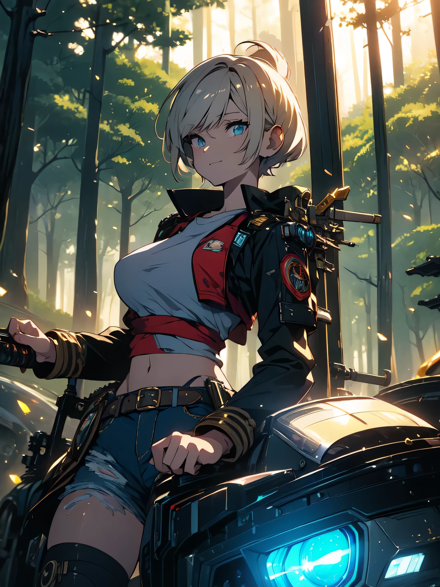 ((((masterpiece)))), expensive quality, very_expensive_solve, big_file size, full color, Steampunk featuring futuristic planets,, in a distant forest, Bustling foreigner market, and off-road bike. The main character is a beautiful girl with a beautiful upper body., short blonde hair, and a silvery smile., mechanized weapons. wearing a white tank top, Damaged Denim Shorts, Engineer boot, and off-road bikeに乗って.  beautiful anime