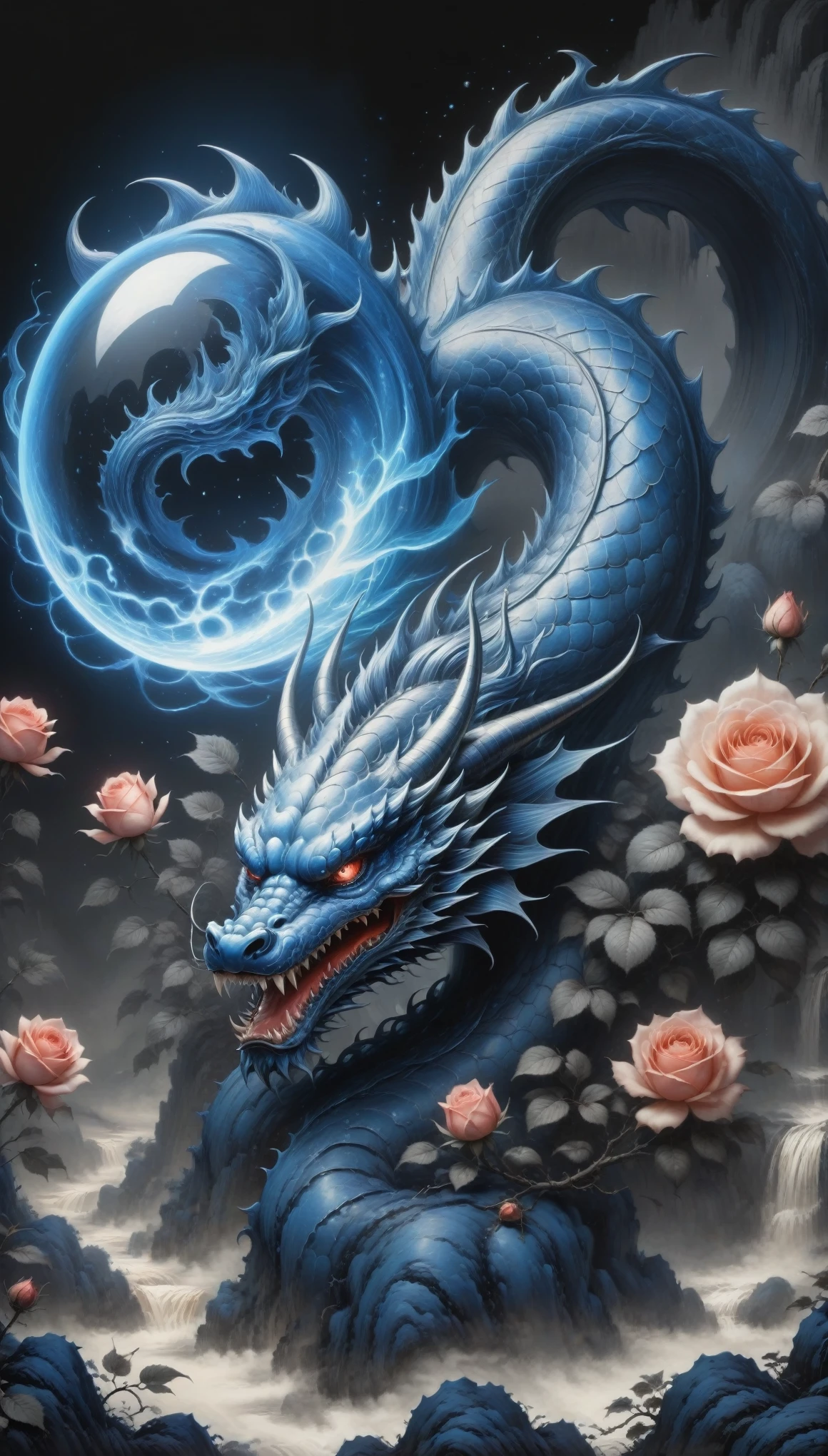 (best quality,4k,highres:1.2),ultra-detailed,realistic,black and white,traditional media,pencil sketch:1.2,chaotic lines,[[[the artist Musa]]],on a dark background,blue charges form stylized outlines of Dragon Balls and a framed rose,bioluminescence