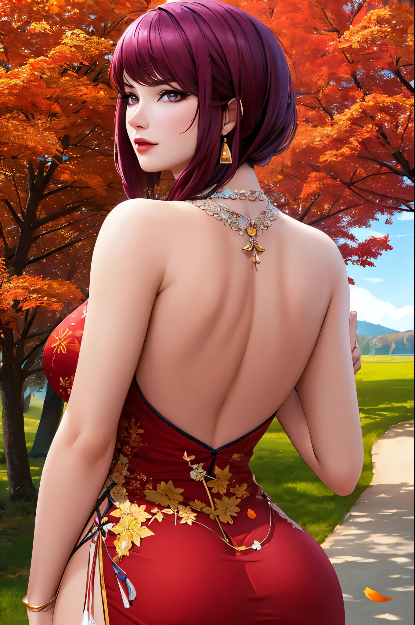 purple eyes, (highest quality, masterpiece painting:1.3), Oboro, mature woman, 26 years old, (half body shot), masterpiece, ultra high resolution, (Photoreal:1.0), purple hair、straight hair, beautiful shiny hair, white and shining skin, ((Ultra realistic details)), octane rendering, highly detailed face,  (big breasts:0.8),(sexy and cute cheongsam,red and white contrast outfit,delicate decoration:1.2), open neckline, (necklace:1.0),cleavage, perfect body, soft skin, anime face, perfect face, perfect eyes, looking at the viewer, smart, Under autumn leaves tree background, The petals of autumn leaves are falling, outdoors,shrine, sharp focus, intricate details, professional artwork, (bright colors:1.1), bright colors, diffused lighting, digital blending, ultra-definition body, ultra detail hair, super detailed face, It&#39;s trending on pixiv, top button open, Cute gaze, compensate, perfect lips, perfect compensate, Ultra-precision coating, Glaring a little,back view,look back