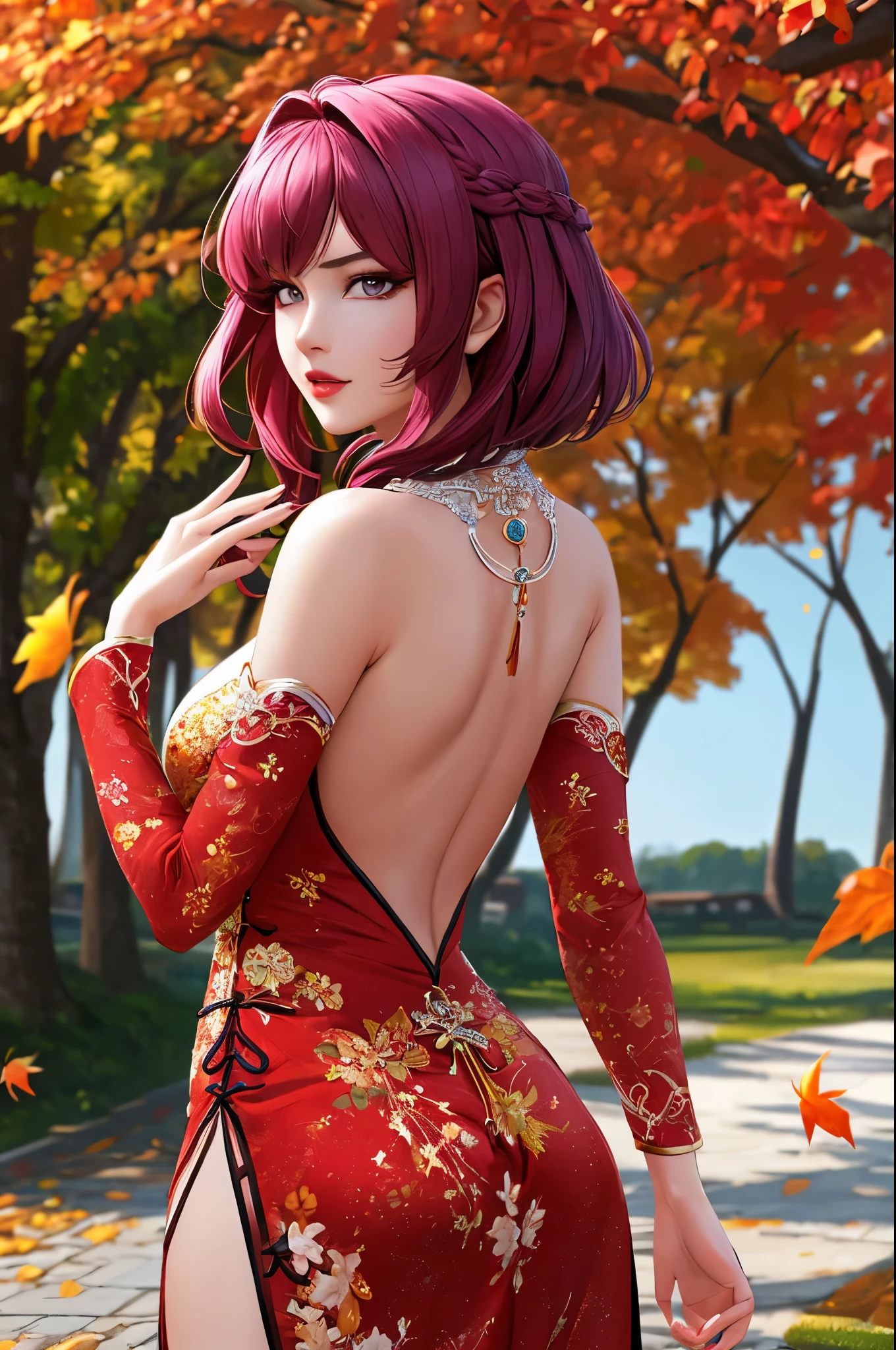 purple eyes, (highest quality, masterpiece painting:1.3), Oboro, mature woman, 26 years old, (half body shot), masterpiece, ultra high resolution, (Photoreal:1.0), purple hair、straight hair, beautiful shiny hair, white and shining skin, ((Ultra realistic details)), octane rendering, highly detailed face,  (big breasts:0.8),(sexy and cute cheongsam,red and white contrast outfit,delicate decoration:1.2), open neckline, (necklace:1.0),cleavage, perfect body, soft skin, anime face, perfect face, perfect eyes, looking at the viewer, smart, Under autumn leaves tree background, The petals of autumn leaves are falling, outdoors,shrine, sharp focus, intricate details, professional artwork, (bright colors:1.1), bright colors, diffused lighting, digital blending, ultra-definition body, ultra detail hair, super detailed face, It&#39;s trending on pixiv, top button open, Cute gaze, compensate, perfect lips, perfect compensate, Ultra-precision coating, Glaring a little,back view,look back