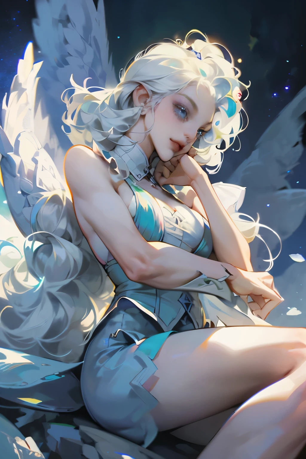 loli, leprechaun, white hair: long, blue eyes, small breasts, vest, garter, hair accessories, seductive smile, gaze, head tilt, behind arms, (slim), (thin legs: open legs), high detail, best quality, masterpiece, detailed ice, cumulonimbus clouds, beautiful details glow, ice crystal textured wings