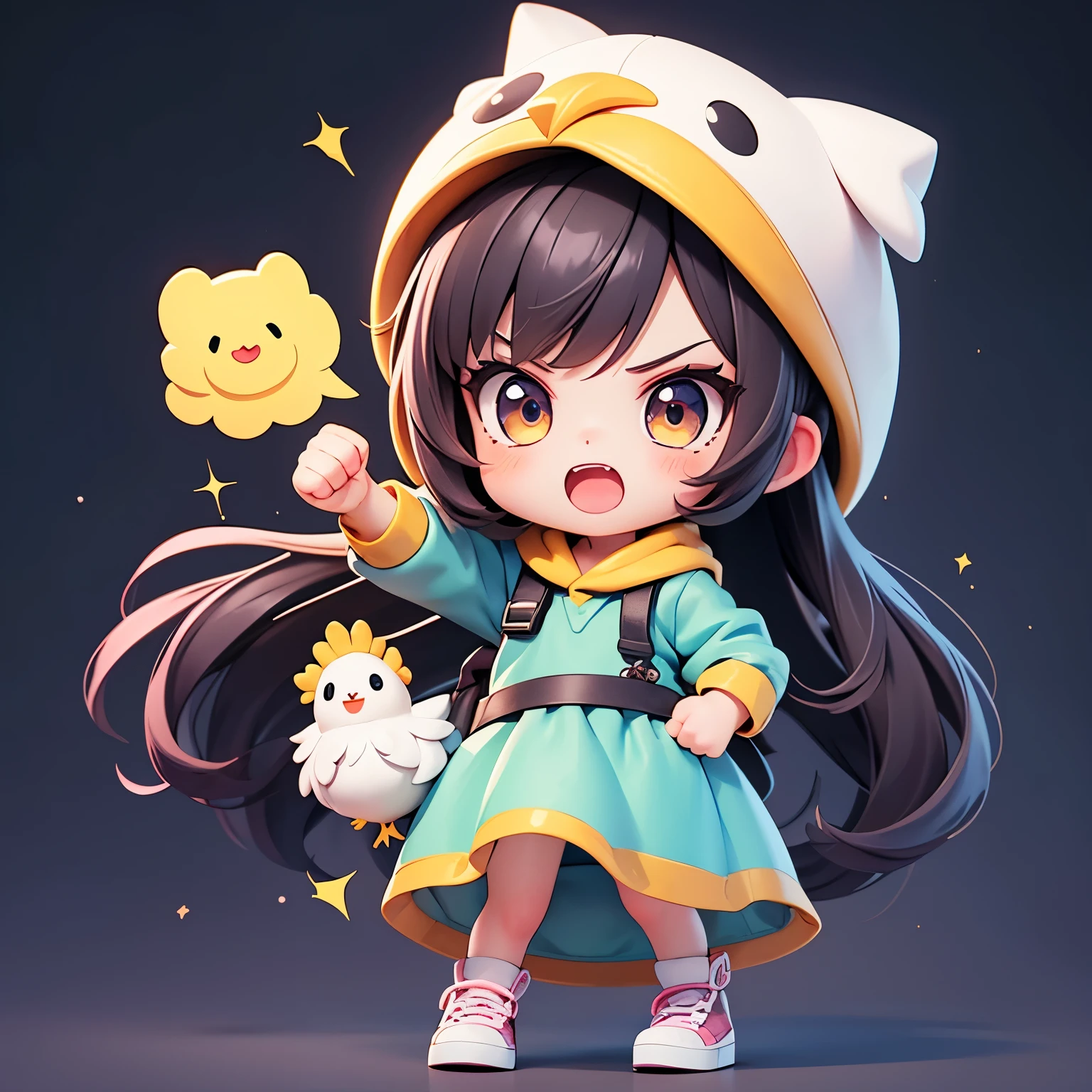 The character acted extremely angry.
The character raises his fist.
The character opens his mouth and shouts. , cartoon girl in a chicken costume with a hat and a hand,  kawaii cutest sticker ever, cute digital art, chibi girl, cute anime style, cute detailed digital art, anime chibi, cute anime girl, chibi anime girl, ruan cute vtuber, sticker illustration