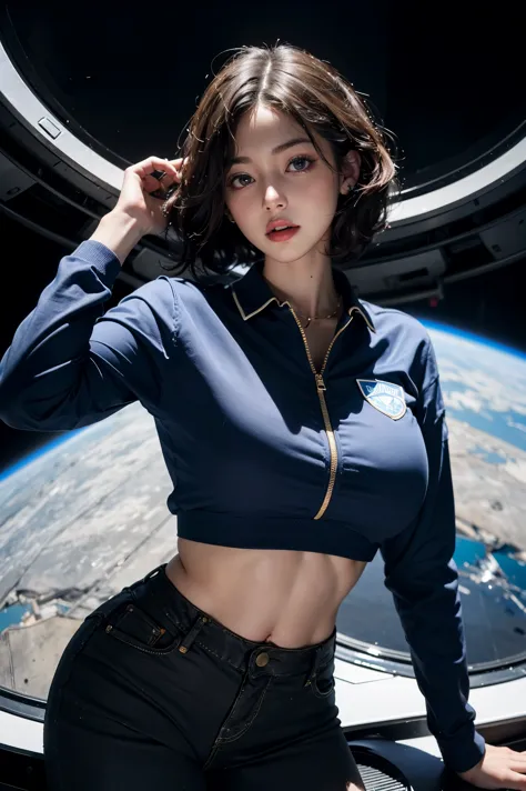 a woman with short red hair wearing (blue allianceuniform) in a space station, cute face, realistic skin, dramatic lighting, ult...