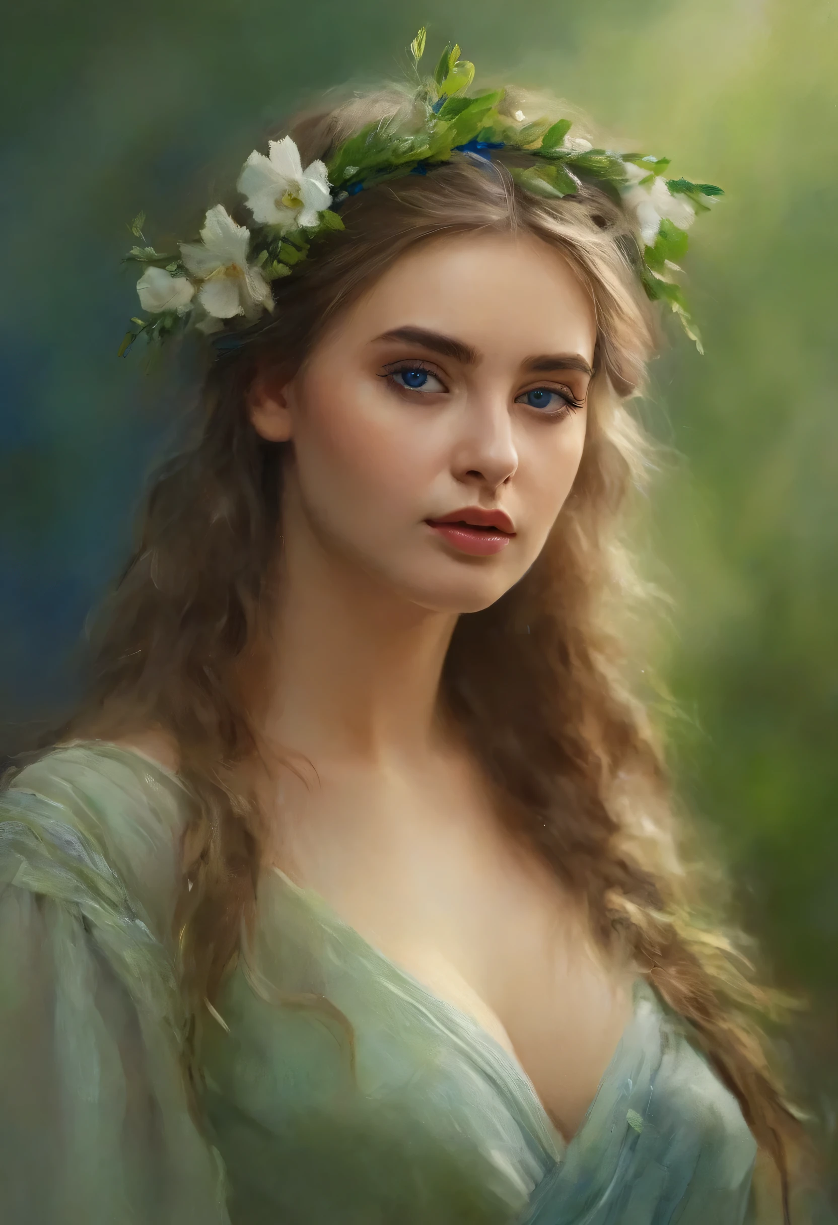 (8K, Best quality, main part: 1.2), (Best quality: 1.0), (ultra high resolution: 1.0), watercolor, beautiful woman, (smart students,blue pupils),shoulders, headband, Ines Cecil, bust portrait, very bright design, pastel shades, Spring mood, grumpy green, Style of Alexey Savlasov: Rugged style, Ivan Shishkin, Ilya Repin, (map retouching: 1.2), 2D, (oil painting: 1.2) very detailed