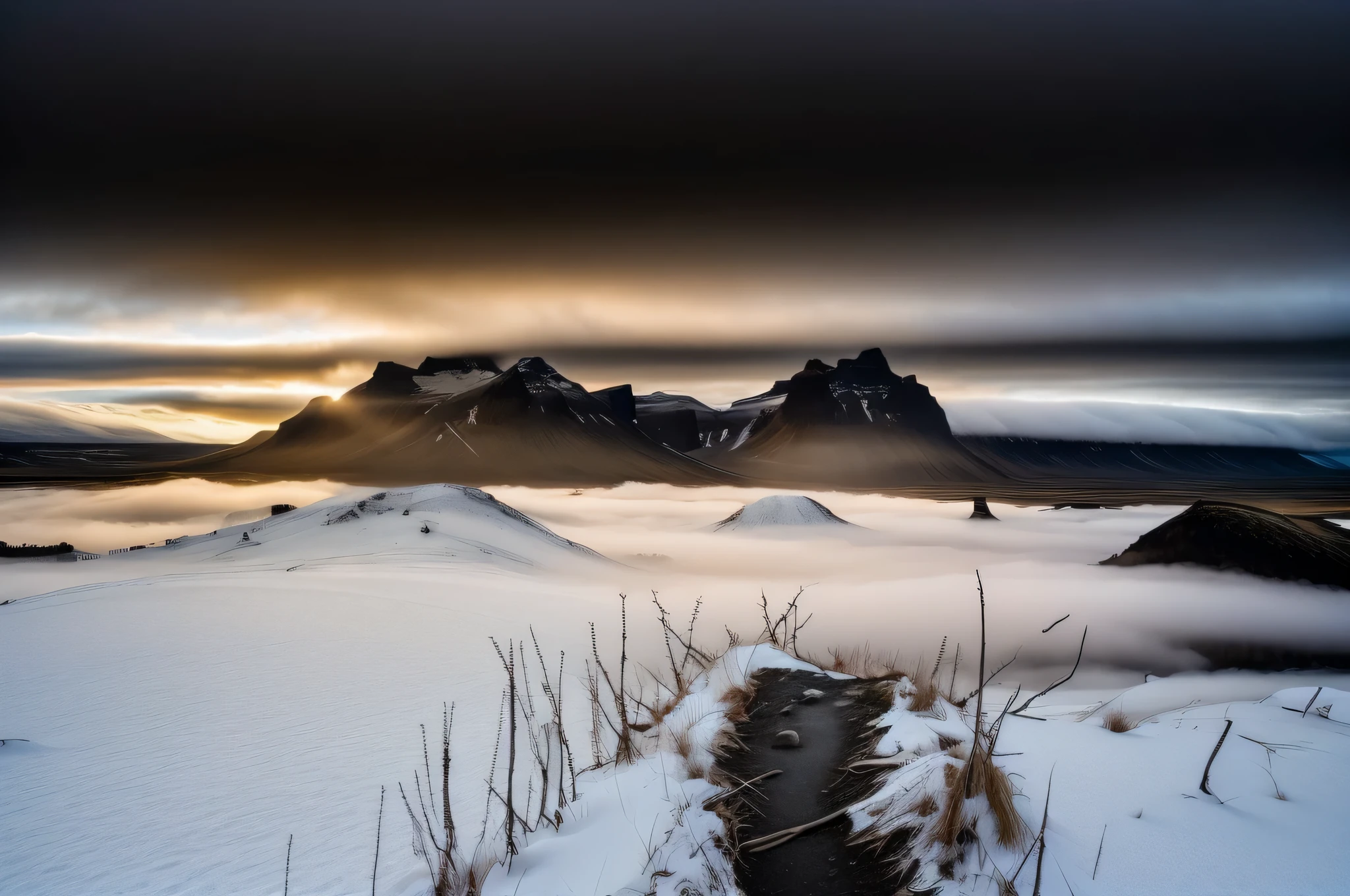 sunrise light and shadow，cool and warm colors，snowMountain，snow，snow scene，地上的snow，there is a picture of a Mountain range in the fog, sci-fi of an icelandic landscape, gloomy landscape, an icelandic landscape, an icelandic landscape, an an icelandic landscape, 背景中的冰岛Mountain丘, beautiful dark landscape, Mountain, dark landscape, Inspired by Franz Sedlacek, gloomy misty atmosphere, misty Mountains, mist, gloomy foggy atmosphere, foggy landscape, iceland photography, desolate landscape，Canon camera shooting，raw，8k，International photography award-winning works