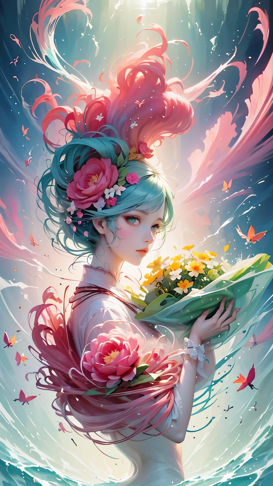 official art，unity 8k wallpaper，Super detailed，Beauty and Aestheticasterpiece，best quality，（tangled，mandala，tangled，entangled），（Fractal art：1.3），1 girl，pink hair，green eyes，The content is very detailed，Dynamic angle，cow boy shooting，Chaos in its most beautiful form，elegant，brutalist design，Bright colors，，James Jean，Robbie Devi Antonio，Ross Tran，French bacon，Michael Mraz，Adrian Genius，Petra Cortright，Gerhard Richter，Takato Yamamoto，Ashley Wood，Atmospheric，notes of ecstasy，Streaming notes are visible