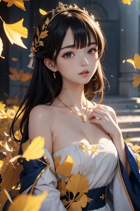 1 girl, solo, upper body, off shoulder uniform, front, necklace, ginkgo leaves, depth of field, crown, falling leaves