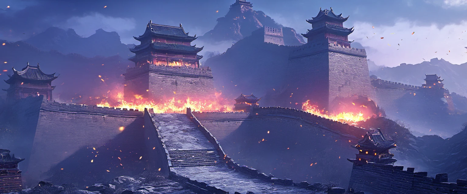 best quality, masterpiece, ultra high resolution, (Shoot real:1.4), Surrealism, like a dream,fusion art, ancient chinese battlefield, Three Kingdoms battlefield, Alavid castle view，A group of people are standing around, Nice rudder depth, Screenshot of 300, Great Wall, fortress megastructure city, mountain fortress, ( Matte painting, epic matte, Sophisticated matte, Epic cinematic matte painting, Exquisite Matte painting, Delicate matte, Visually stunning scene,Ancient middle man, middle man, Great Wall, hidden blade,night sky，night，fire，fire sea，烈fire，Burning ancient Chinese buildings，capital，ancient city，collapse，ruins，（A woman in red Hanfu runs towards the fire），thunderclap，burst，ethnic style，Chinese elements，