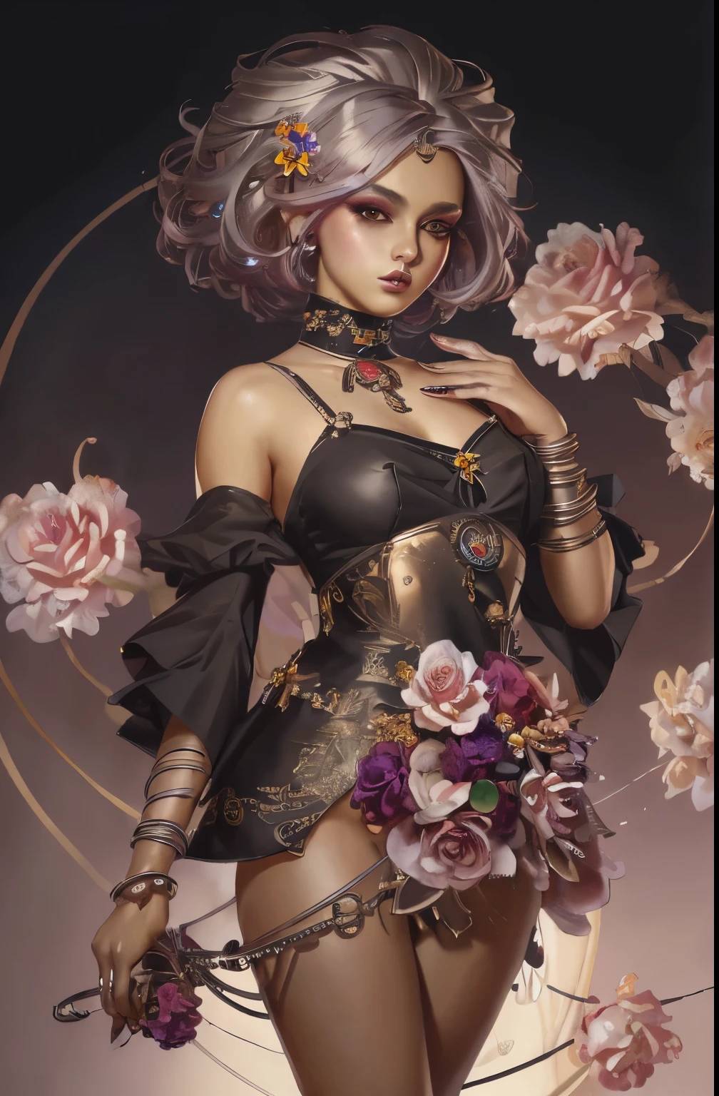 ((masterpiece)), (best quality), official art, extremely detailed CG, unity 8k wallpaper, ultra detailed, 
fashion_girl,  colorful hair,  jewelry,  flower,  bold makeup, silver theme,  deep shadow,  dimly lit,  shade, 
portrait, (upper body:1.5), (full body:1.5),