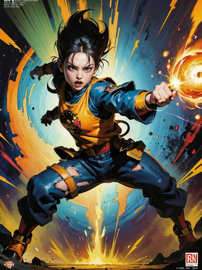 (obra de arte:1.2, mais alta qualidade), (capa de revista),Capa de quadrinhos apresentando o lançamento de uma nova série Dragonball, personagens posicionados em posturas de combate dinâmicas engolfados por vibrantes explosões de ki e auras de energia, título em negrito, texto ardente na parte superior, fundo um quadro cósmico com galáxias rodopiantes e relâmpagos crepitantes, estilo que lembra as ilustrações icônicas de Akira Toriyama, Alto contraste, Saturação Rica, iluminação dramática, detalhe ultrafino, capa de revista, (Muito detalhado:1.2)
