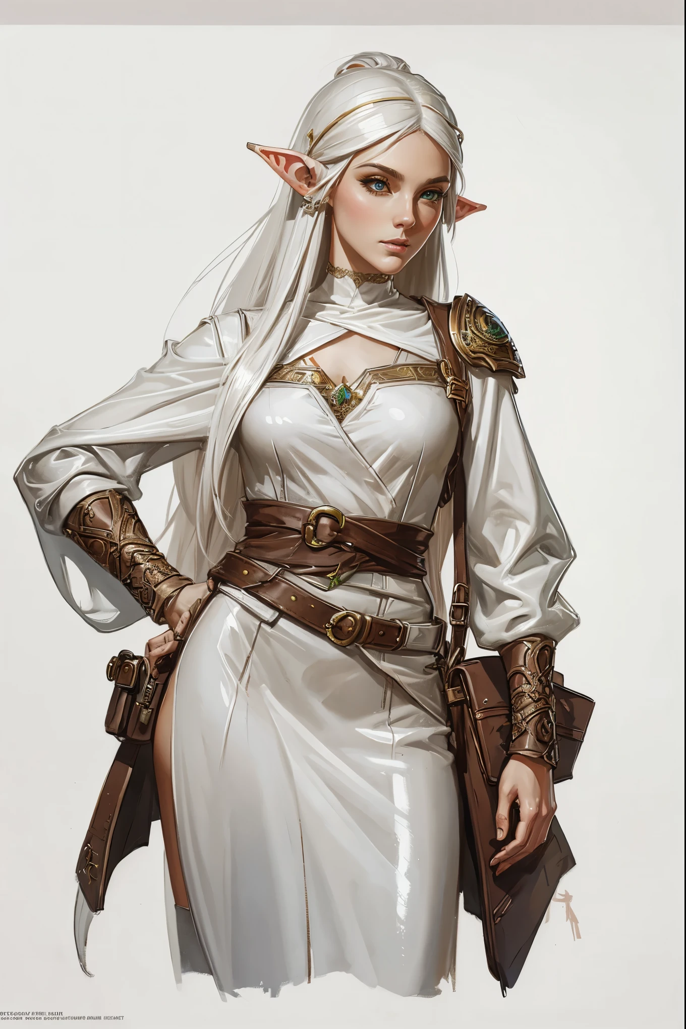 portraiture art of a elf woman, modern hipster clothing, character design, dnd character concept art, loose paint, white background, painterly illustration, highly detailed, cartoonish proportions, glossy straight hair, creative