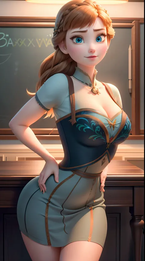 Photo of Anna of Arendelle as a teacher, teacher, teacher clothes, mini dress,  Anna from Disney Frozen movie, tall and sexy, su...