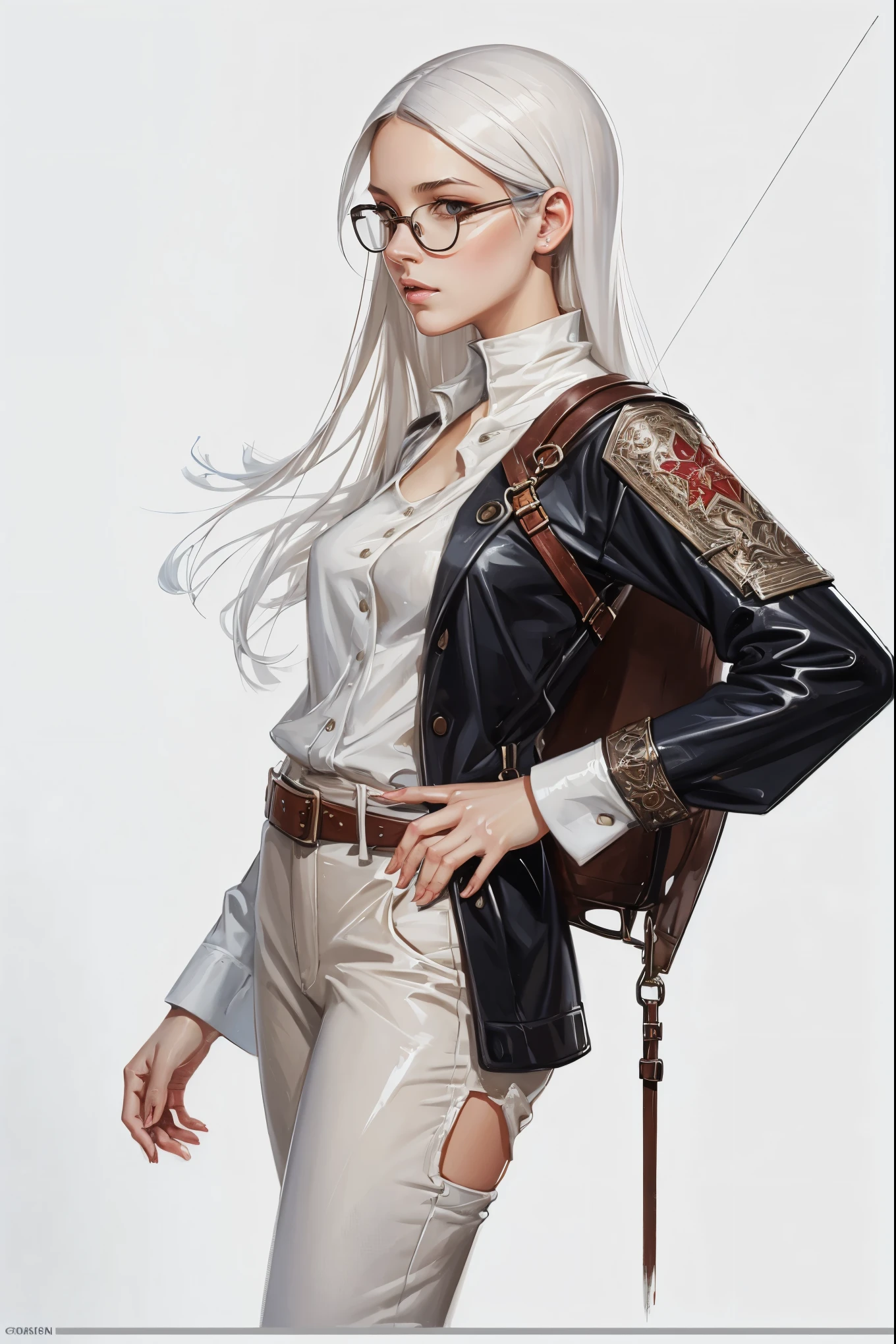 arte de retrato de uma mulher, roupas modernas e modernas, Design de personagem, arte conceitual do personagem dnd, tinta solta, fundo branco, ilustração pictórica, altamente detalhado, proporções caricatas, cabelo liso brilhante, criativo