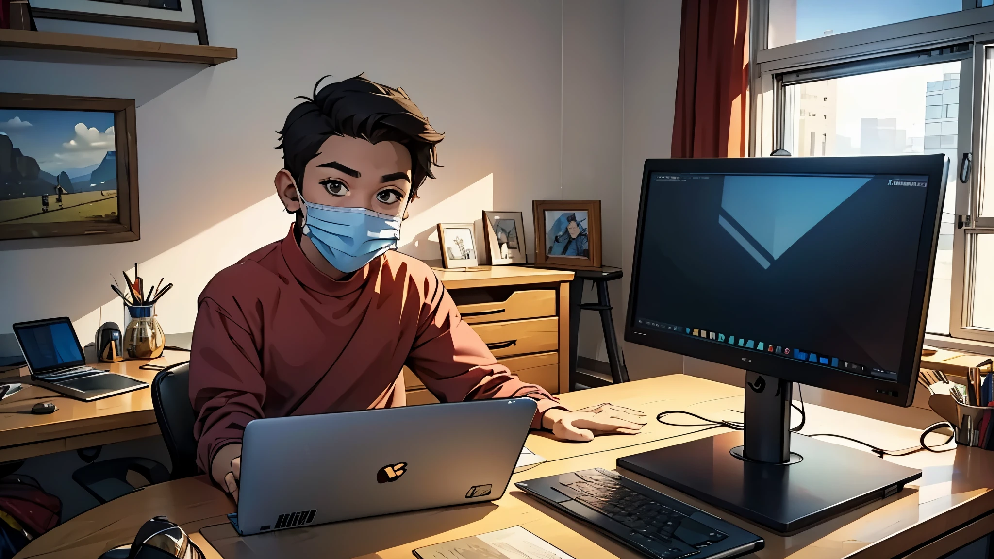 一个戴着面具的男孩坐在他的工作室里，面前有一张桌子，手里拿着笔记本电脑，看着房间里的摄像头 