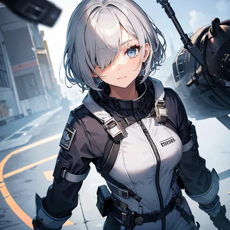 A girl with short silver hair and one eye covered by her hair, wearing a pilot suit.