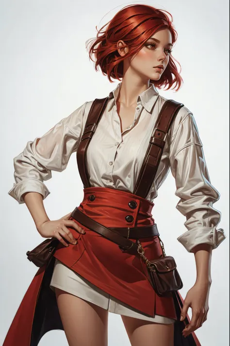 portraiture art of a woman, modern hipster clothing, red hair, character design, dnd character concept art, loose paint, white background, painterly illustration, highly detailed, cartoonish proportions, glossy straight hair, creative