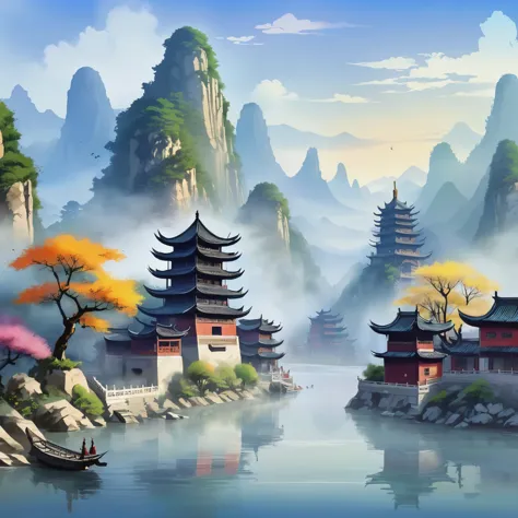 Mountains and pagodas in misty landscape，and rivers, Chinese scenery, Chinese fantasy, Dream China Town, simple, Chinese Dream, ...