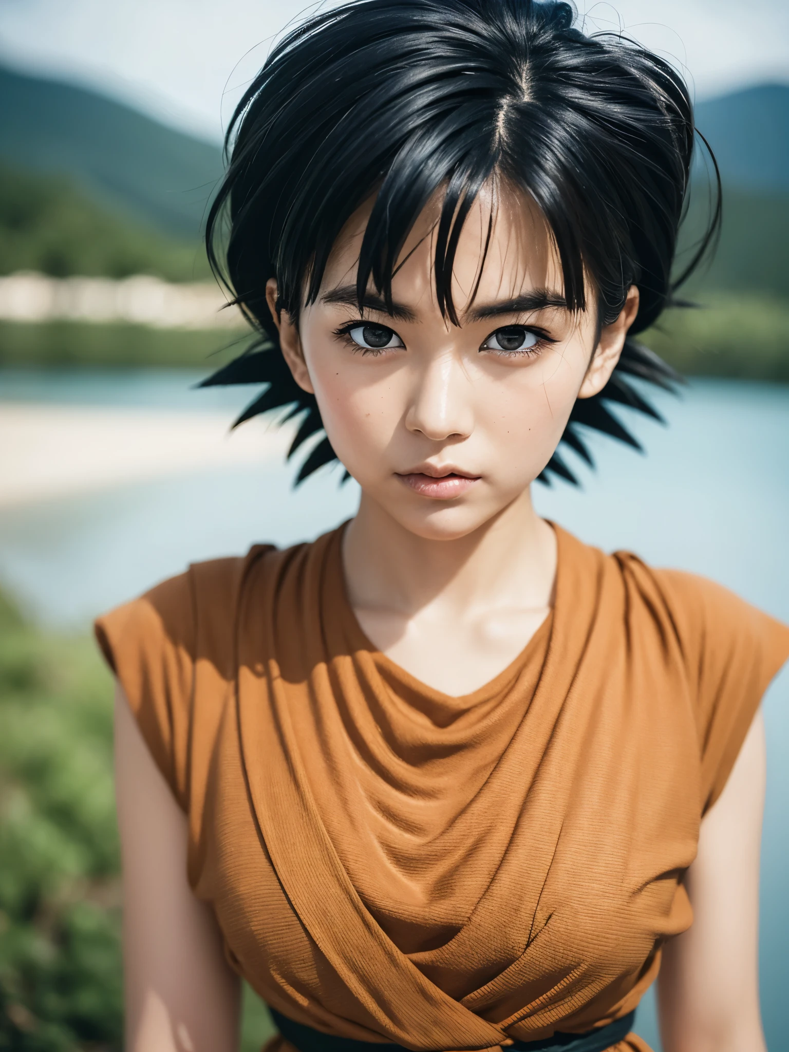 Akira Toriyama Manga，Anime-Dragon Ball-Figur Bulma，Porträt-Nahaufnahme，Die Augen sind scharf fokussiert，Inselhintergrund，echte Fotografie，echte Hautstruktur，körnig，8k，Sorgfältige Darstellung，Superfein，Hyperrealistisch，Super detailliert，beste Qualität，Meisterwerk