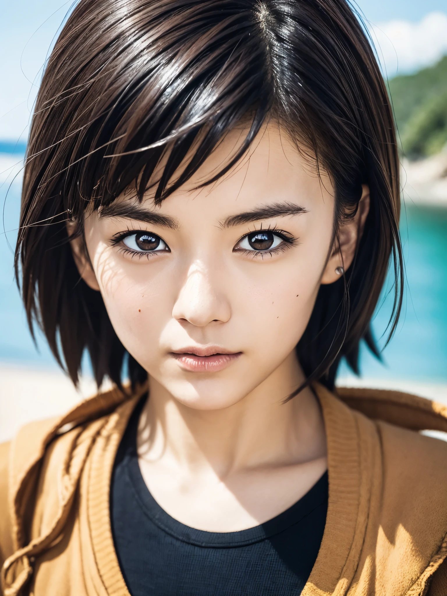 Akira Toriyama manga，anime dragon ball characters，Android 18，Portrait close-up，The eyes are sharply focused，Island background，real photography，Real skin texture，grainy，8k，Meticulous portrayal，Super fine，hyper-realistic，Super detailed，best quality，masterpiece