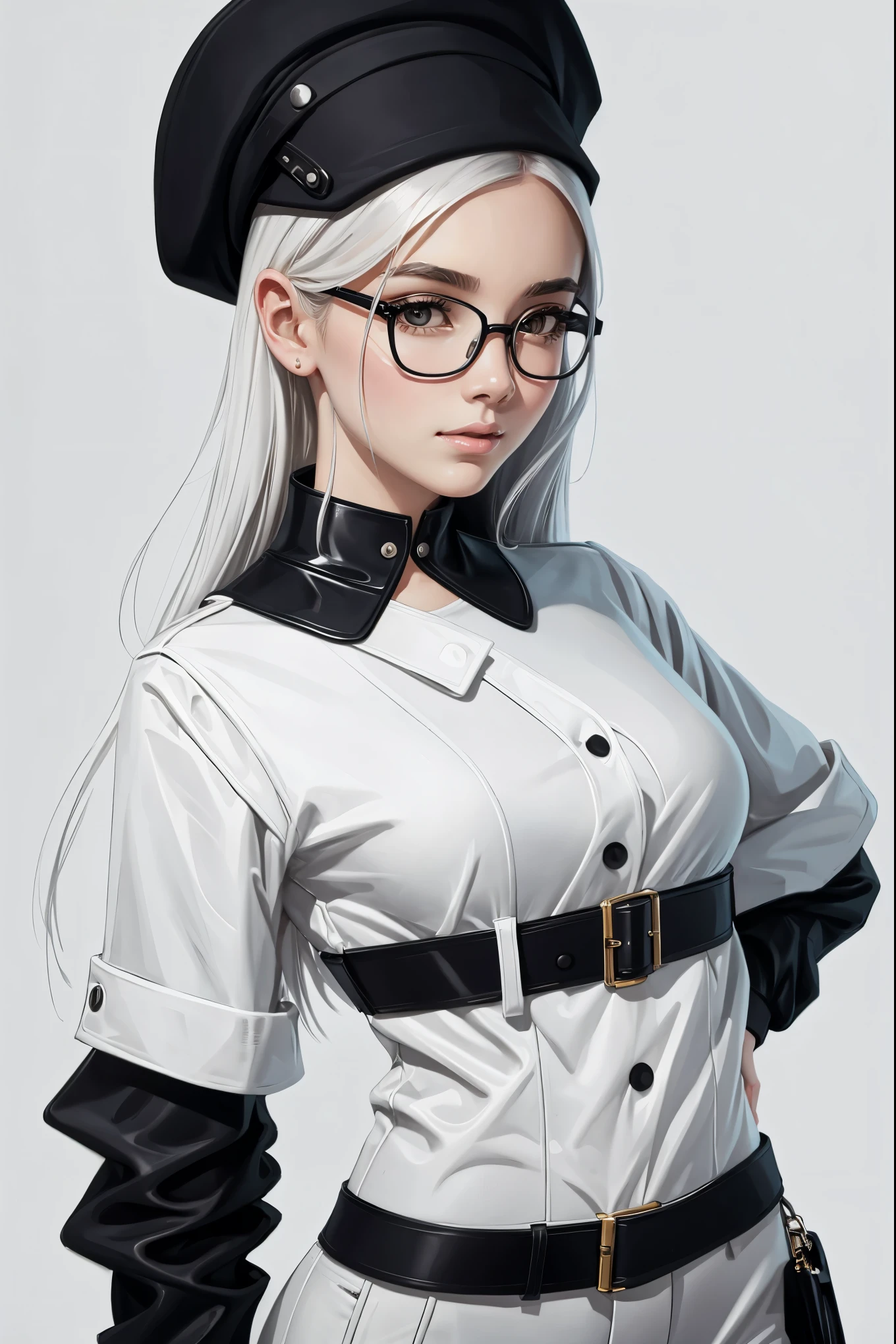 portraiture art of a modern woman, modern hipster clothing, black and white, thick outlines, character design, character concept art, loose paint, white background, painterly illustration, highly detailed, cartoonish proportions, glossy straight hair, creative